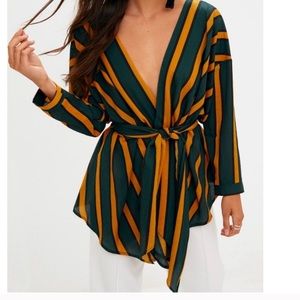Green Bold Stripe Tie Waist Blouse